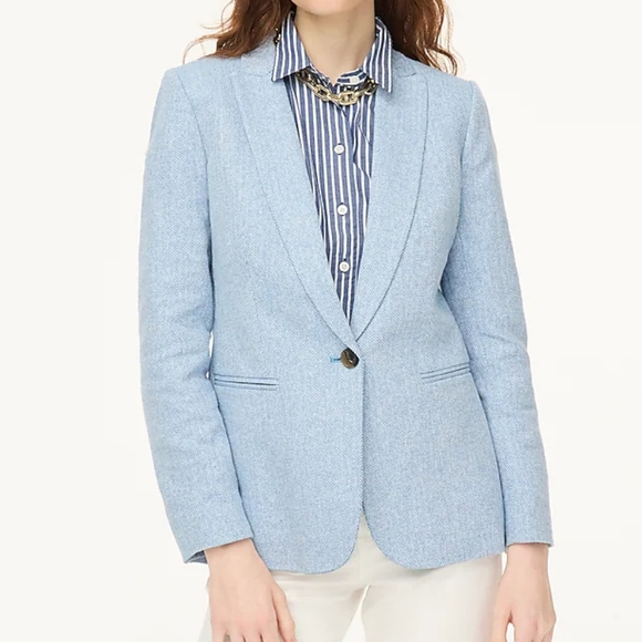 J.Crew Factory One Button Blazer Blue White Herringbone Linen Blend Size 8 NEW - Picture 1 of 12